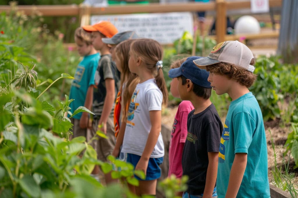 Kinder beobachten Pflanzen im Garten.
